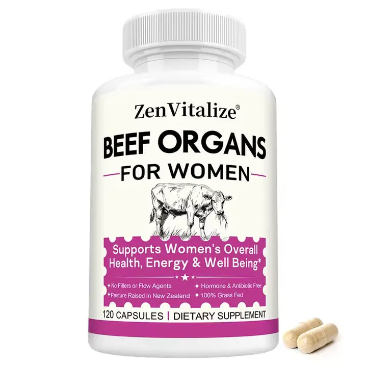 Bottle of Beef Organs for Women dietary supplement, 120 capsules