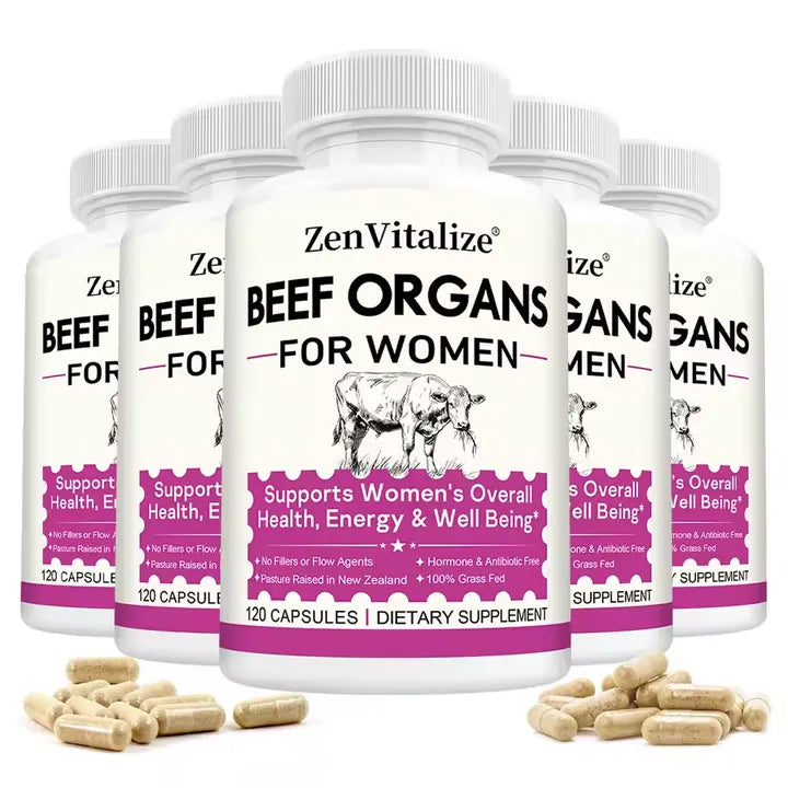 Five bottles of Beef Organs for Women with capsules in front
