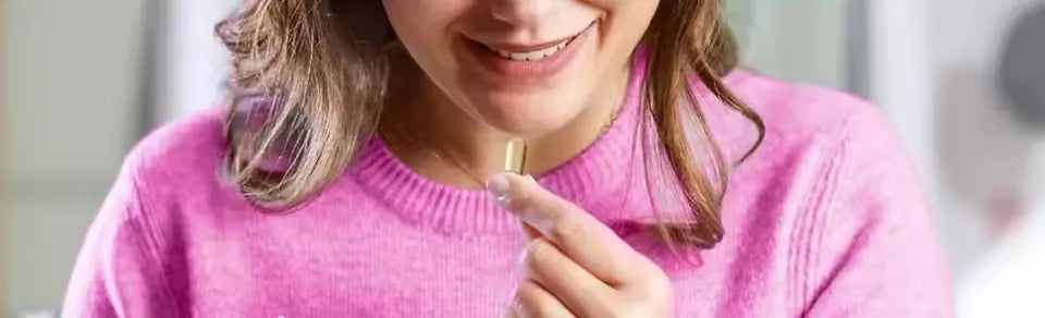 Smiling woman in a pink sweater holding a capsule